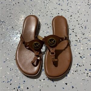 Michael Kors Tan Slide Sandals with Gold Logo